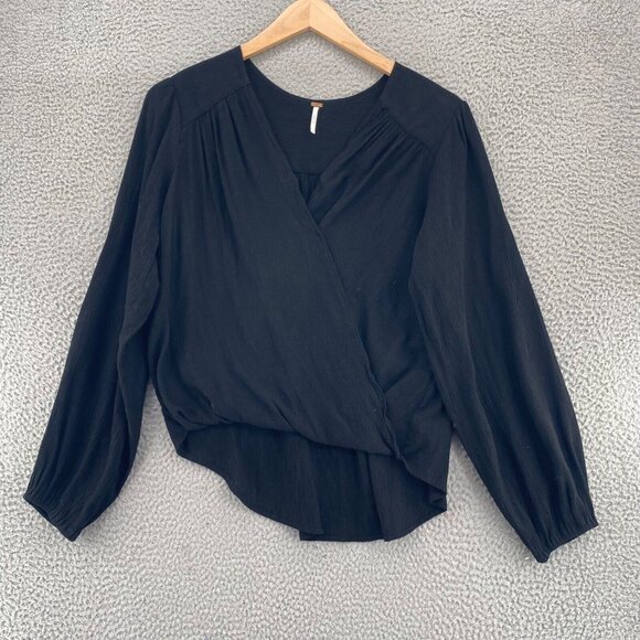 Free People Top Womens Medium Black Texture Long Sleeve Surplice Pullover Blouse - Picture 1 of 10